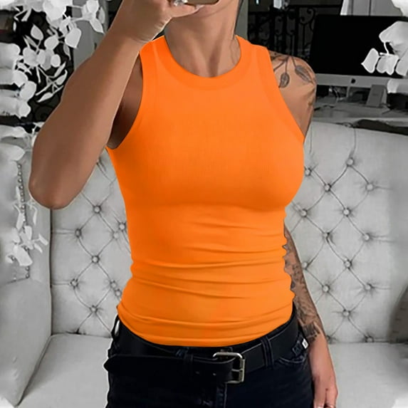 Womens High Neck Tank Tops Sleeveless Slim Fit Tee Shirts (Orange M)