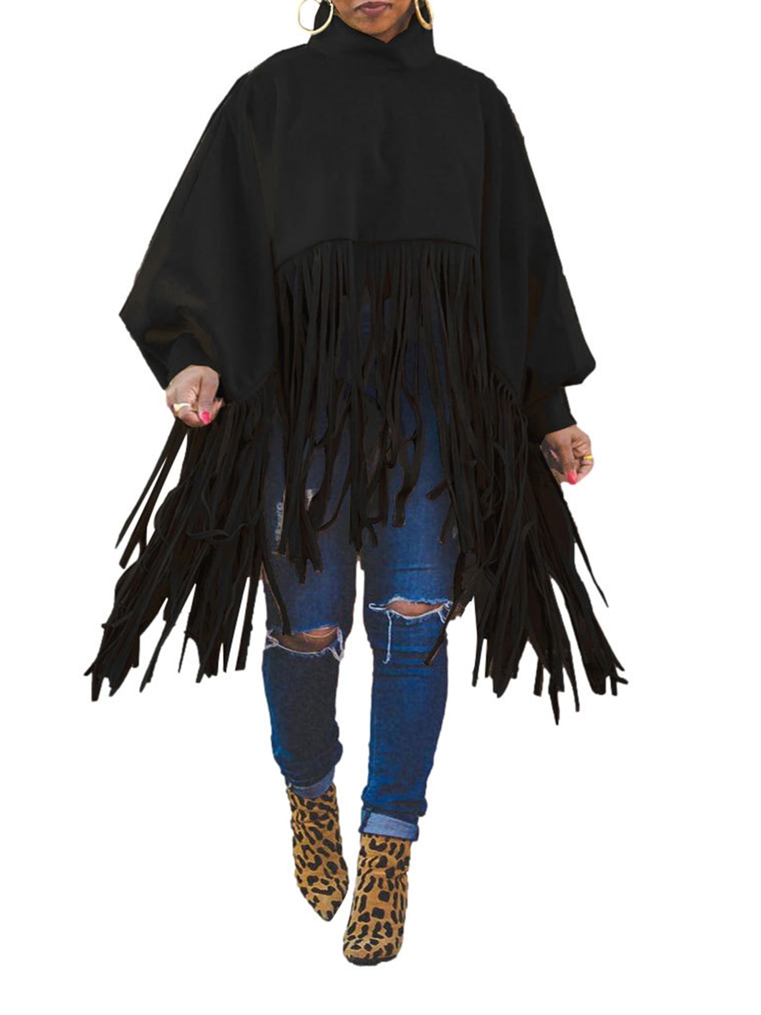 Womens High Neck Tassel Sweatshirt Vintage Ponchos Cloak Cape