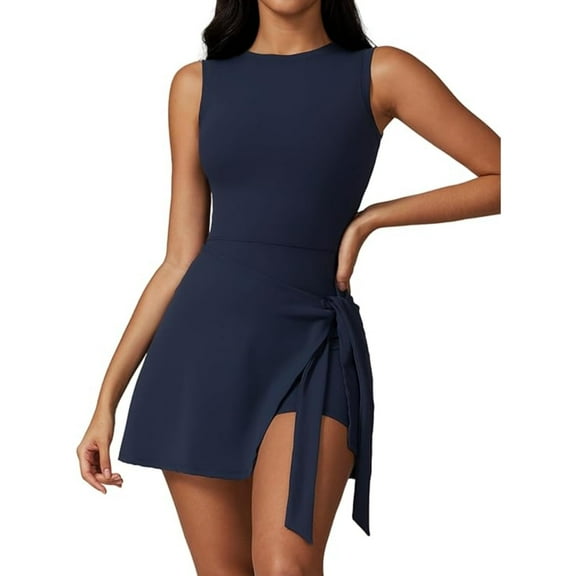 Womens High Neck Tennis Dress Sleeveless Wrap Skirt Built in Shorts Crew Neck Knot Romper Golf Athletic Dress Workout Dress