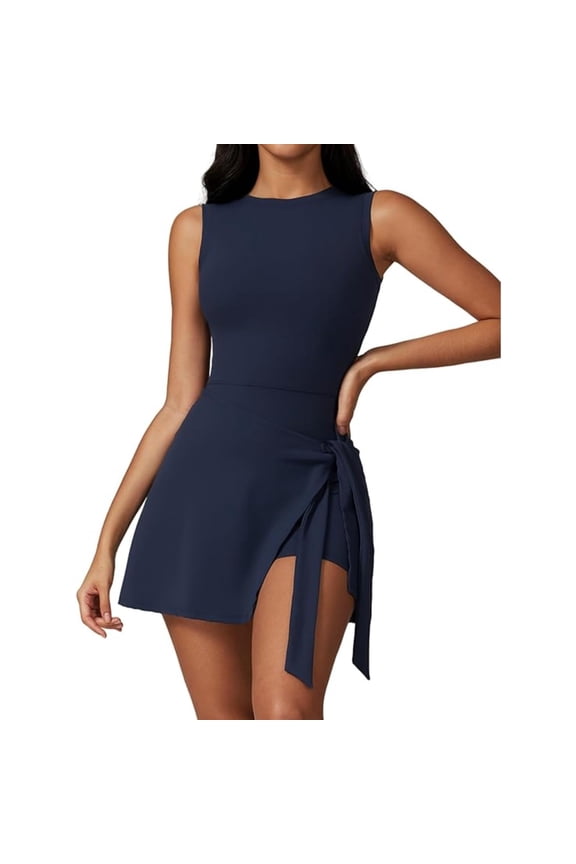 Womens High Neck Tennis Dress Sleeveless Wrap Skirt Built in Shorts Crew Neck Knot Romper Golf Athletic Dress Workout Dress