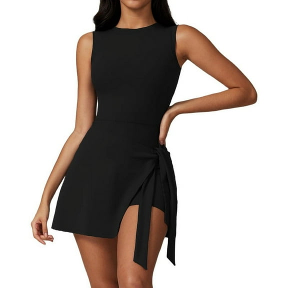 Womens High Neck Tennis Dress Sleeveless Wrap Skirt Built in Shorts Golf Athletic Dress Workout Rompers Advanced Black S
