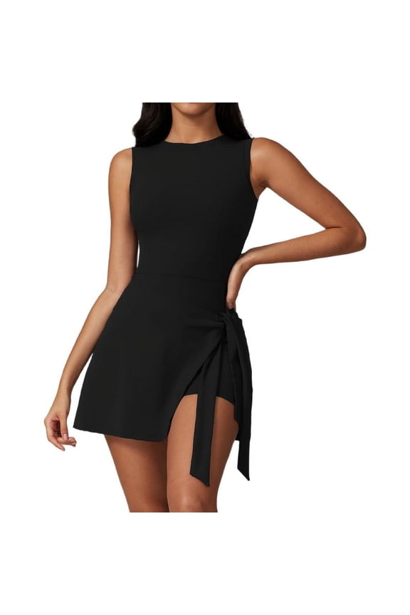 Womens High Neck Tennis Dress Sleeveless Wrap Skirt Built in Shorts Golf Athletic Dress Workout Rompers Advanced Black S