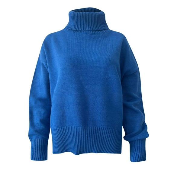 Womens High O-Neck Sweater Solid Color Loose-Fit Knit Pullover Winter Casual Long Sleeve Tops