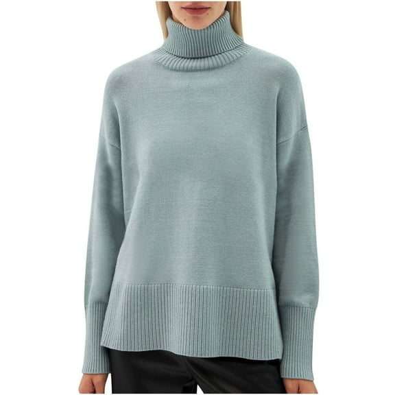 Womens High O-Neck Sweater Solid Color Loose-Fit Knit Pullover Winter Casual Long Sleeve Tops