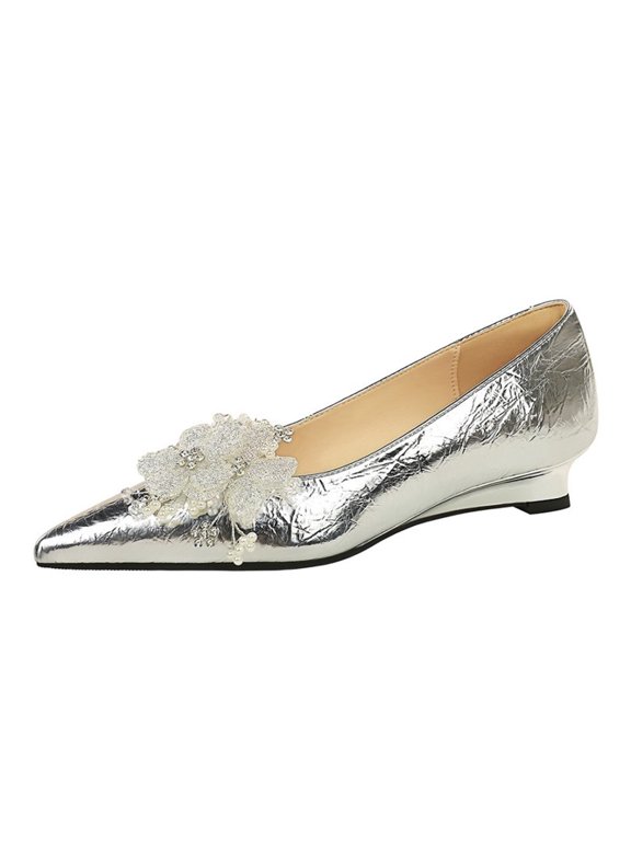Womens High Platform Heels Pump Party Dress Heel Silver Pointed Toe Sparkly Rhinestones Flower Shoes Wedding Evening Party