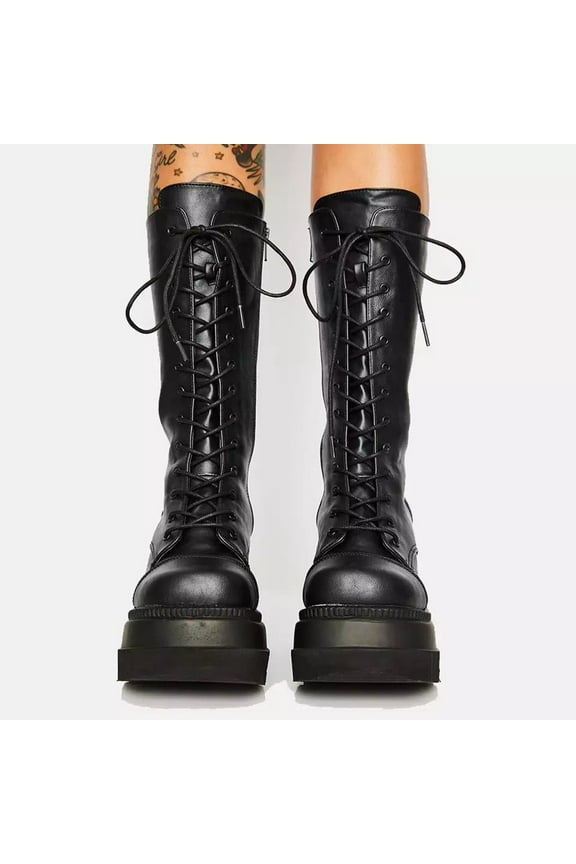 Womens High Platforms Boots Mid Calf Wedges Chunky Sole Lace Up Zipper Punk Combat Boots Outdoor For Girls Ladies