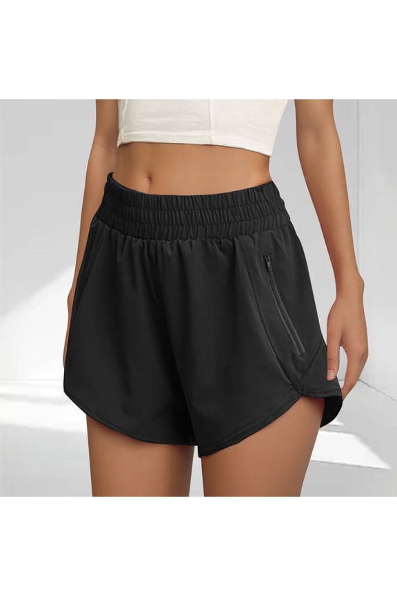 Womens High Rise Athletic Shorts with Zipper Pockets, High Waisted Running Shorts for Women Quick Dry, Black,Size S