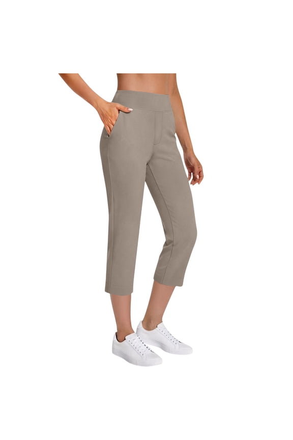 Womens High Rise Capri Pants for Work Dressy Casual Stretch Slacks with Pockets Business Office Trousers Pull On Cropped Pants,Brown,M