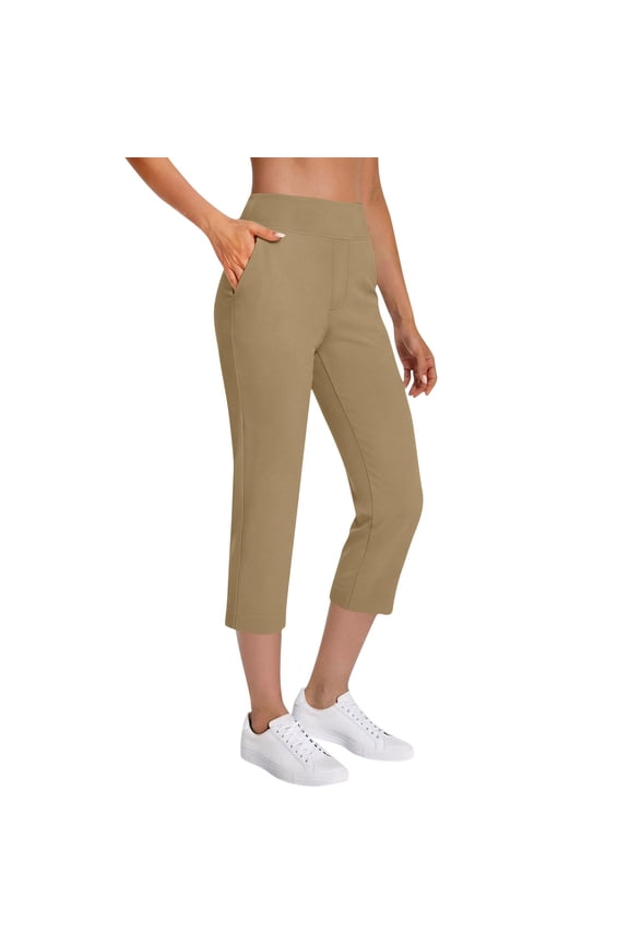 Womens High Rise Capri Pants for Work Dressy Casual Stretch Slacks with Pockets Business Office Trousers Pull On Cropped Pants,Khaki,L
