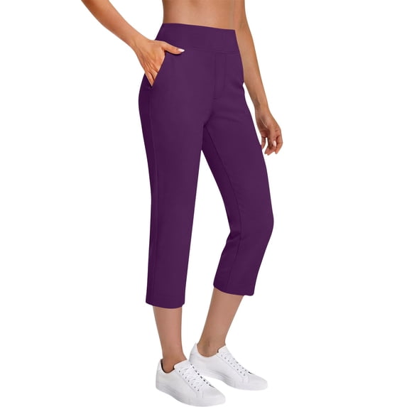Womens High Rise Capri Pants for Work Dressy Casual Stretch Slacks with Pockets Business Office Trousers Pull On Cropped Pants,Purple,L