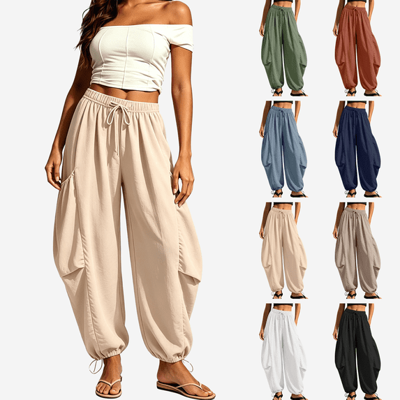 Womens High Rise Drawstring Elastic Waist Pants, Pockets & Adjustable Ankle Drawstring, Lounge Summer Beach Hiking Work Wear, Loose Pants | VerBelle,Blue S
