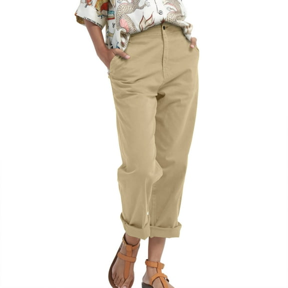 Womens High Rise Pants Straight Fit Casual Fall Fashion Trouser Pant with Pockets Solid Color Chinos Pants (2XL, Khaki)