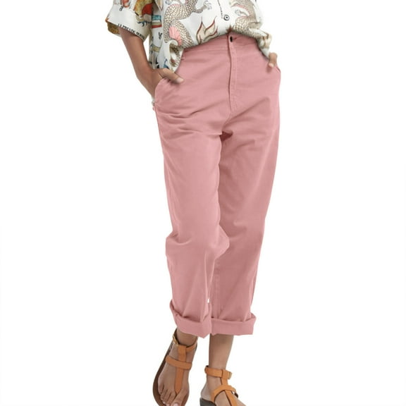 Womens High Rise Pants Straight Fit Casual Fall Fashion Trouser Pant with Pockets Solid Color Chinos Pants (2XL, Pink)