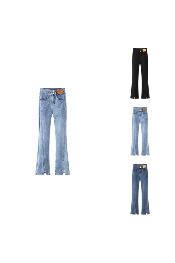 Womens High Rise Straight Leg Flared Trousers with Side Slit, Stretch Denim, Single Button Closure, Loose Fit, Solid Color Casual Pants