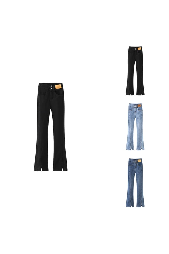 Womens High Rise Straight Leg Flared Trousers with Side Slit, Stretch Denim, Single Button Closure, Loose Fit, Solid Color Casual Pants