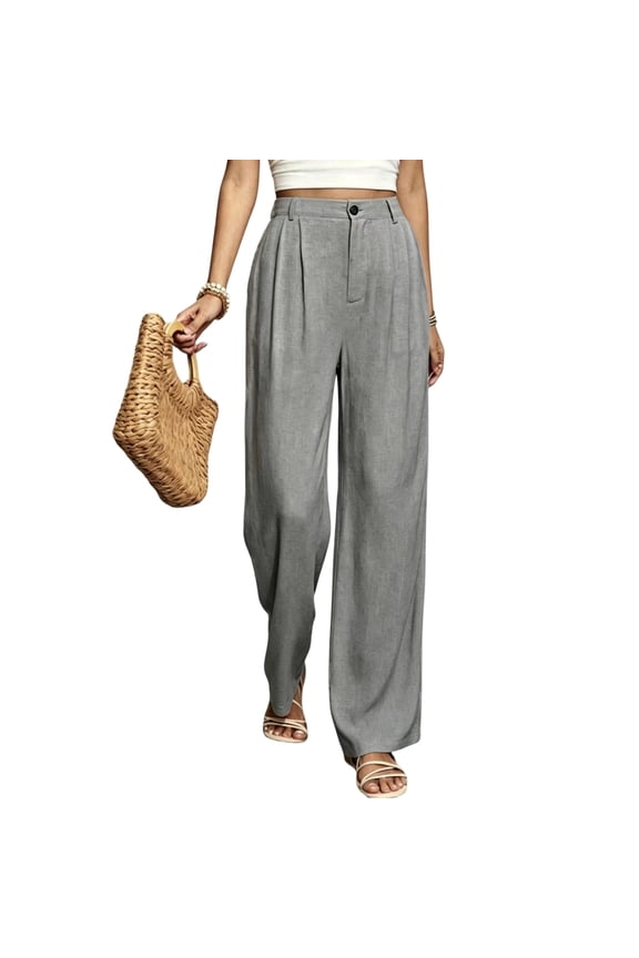 Womens High Rise Wide Leg Casual Pants, Button Down Straight Leg Palazzo Trousers, Solid Loose Lounge Long Pants with Side Pockets