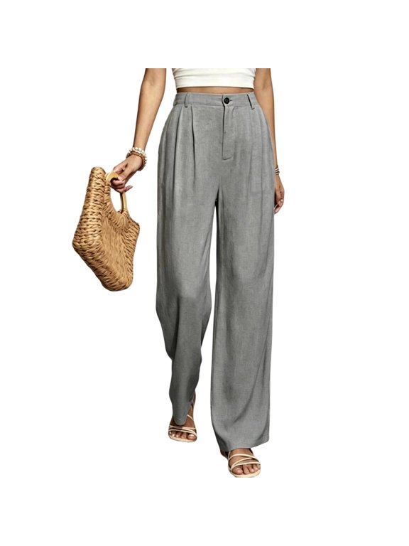 Womens High Rise Wide Leg Casual Pants, Button Down Straight Leg Palazzo Trousers, Solid Loose Lounge Long Pants with Side Pockets