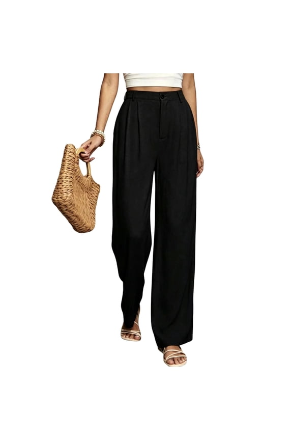 Womens High Rise Wide Leg Casual Pants, Button Down Straight Leg Palazzo Trousers, Solid Loose Lounge Long Pants with Side Pockets
