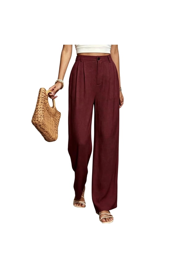 Womens High Rise Wide Leg Casual Pants, Button Down Straight Leg Palazzo Trousers, Solid Loose Lounge Long Pants with Side Pockets