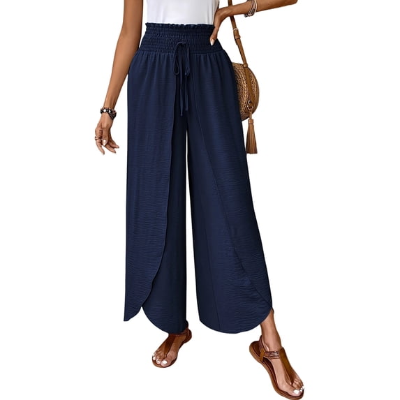 Womens High Side Split Wide Leg Long Pants Dark Blue XL