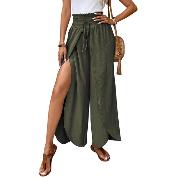 Womens High Side Split Wide Leg Long Pants Green L