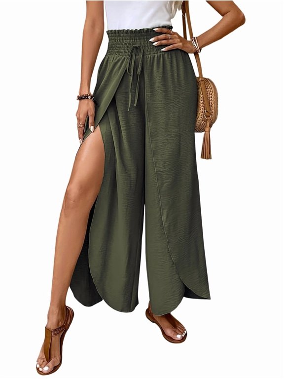 Womens High Side Split Wide Leg Long Pants Green M