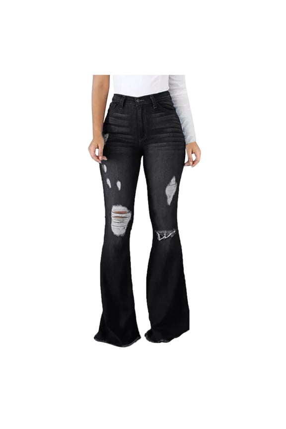 Womens High Stretch Denim Jeans Ripped Distressed Jeans High Waisted Flare Long Trousers Bell Bottom Jeans for Women Trendy Ripped Denim