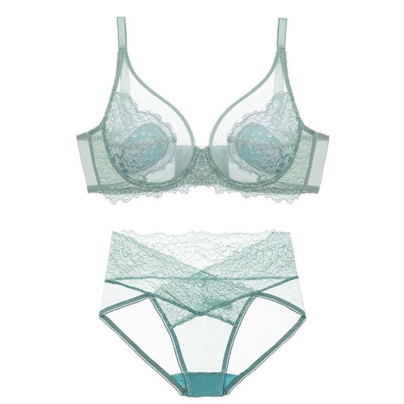 Womens High Support Bra Women's Lace Underwear Set - Sheer Underwire Bra and High-Waisted Panty - V-Neck Adjustable Straps, Elegant 2-Piece Underwear Mint Green L