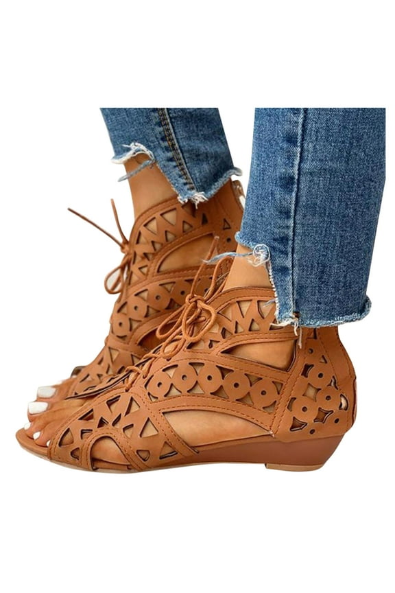 Womens High Top Gladiator Sandals Fashion Hollow Out Breathable Shoes Lace Up Zipper Back Dress Shoes