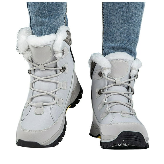 Womens High Top Snow Boots Lace up Anti-Slip Platform Furry Lined Thickened Warm Comfy Cold Weather Outdoor Winter Hiking Shoes White 8.5