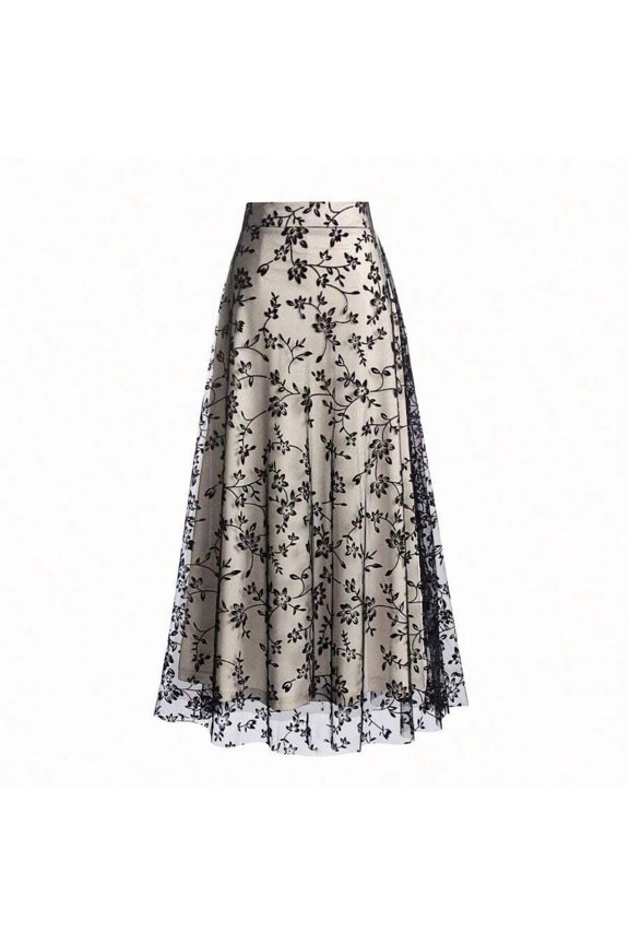 Womens High-Waist A-Line Floral Embroidered Skirt Apricot-2 Sheer Mesh Overlay