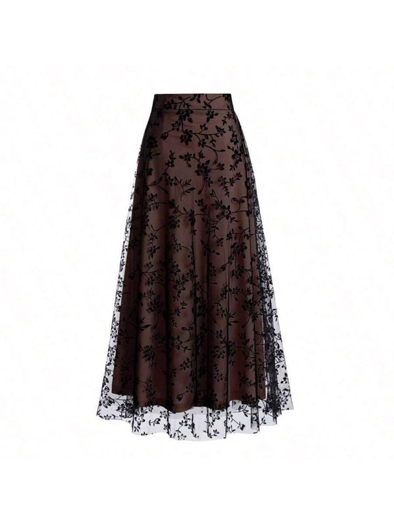 Womens High-Waist A-Line Floral Embroidered Skirt Coffee Brown Sheer Mesh Overlay