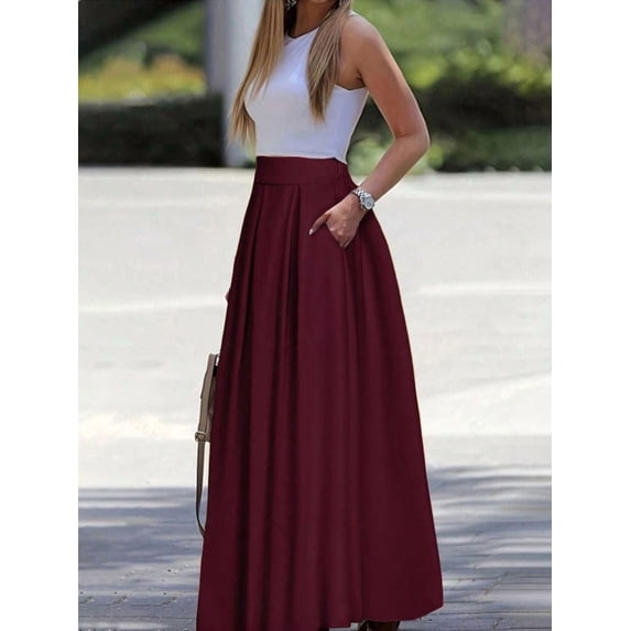 Womens High Waist A-Line Solid Color Pleated Maxi Skirt Burgundy
