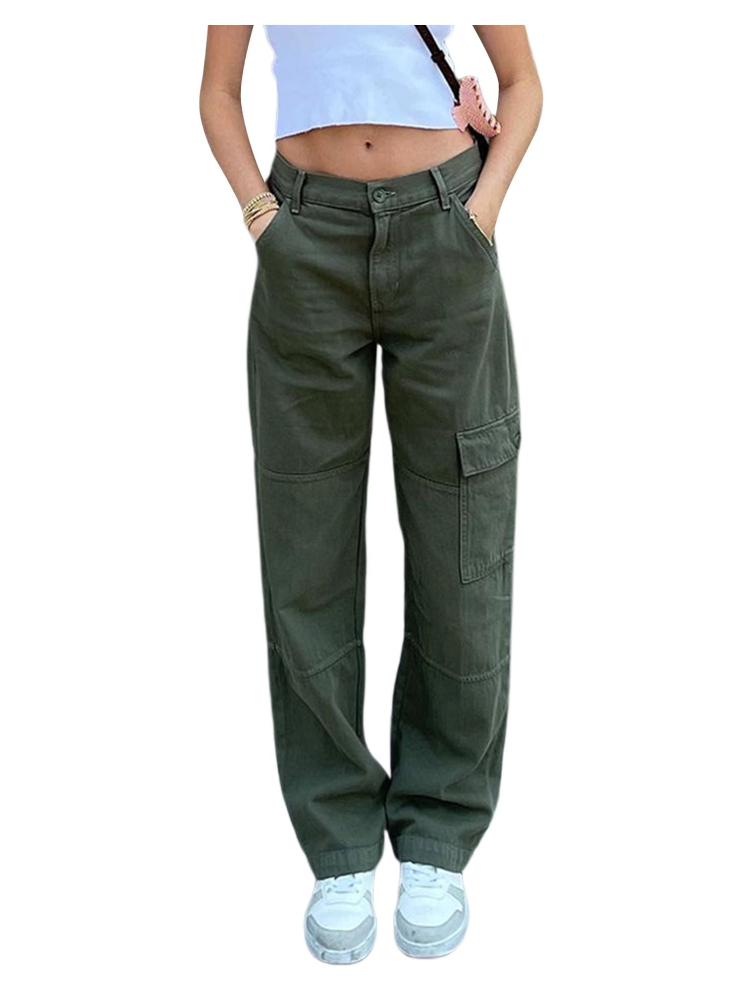 Y2k High Street Cargo Pants Women Green Big Pocket Slim Female