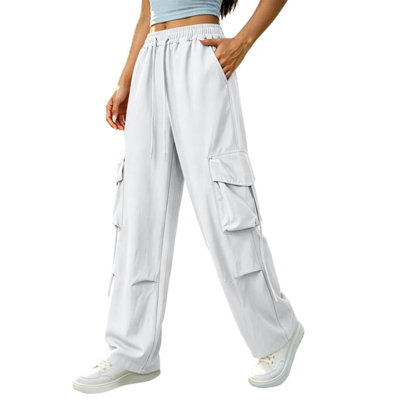 Womens High Waist Belted Cargo Wide Leg Pants Quick Dry Solid Straight Pockets Casual Long Trousers for Summer Outdoor Streetwear White XL(XL)