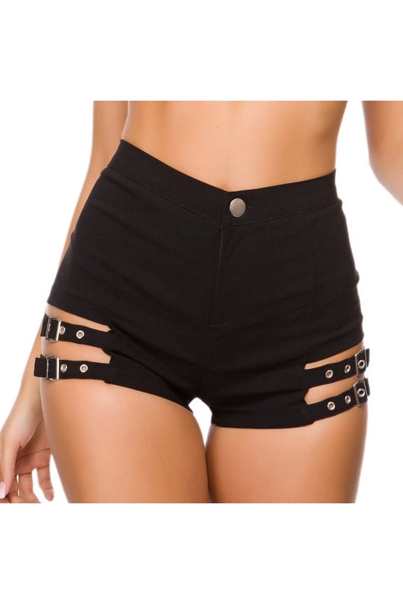 Womens High Waist Black Shorts Goth Punk Dance Shorts Hollowed Out Metal Buckled Party Hot Pant