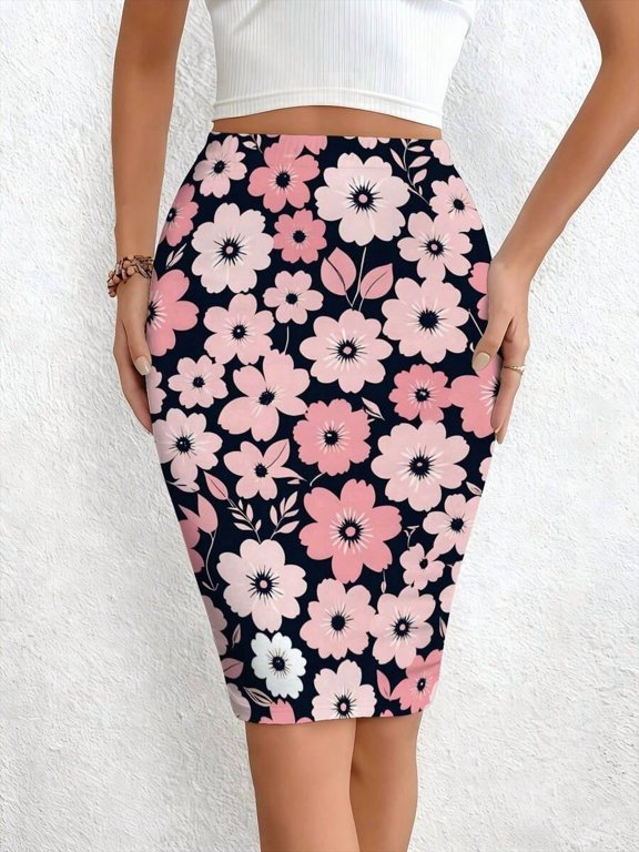 Womens High Waist Bodycon Skirt White Pink Floral Print Elastic Slim-Fit Stretch Midi Skirt Casual Streetwear