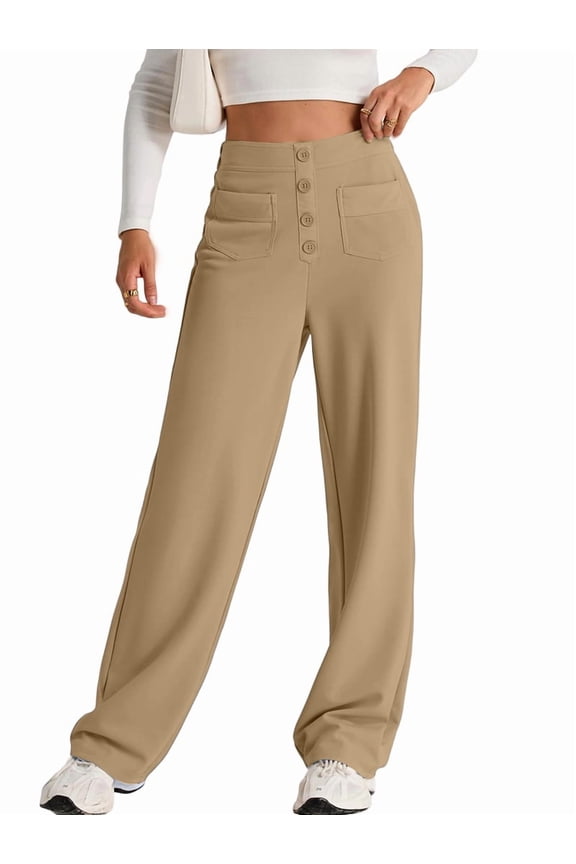Womens High Waist Button Stretchy Pants Straight Leg Office Dress Pant Casual Trousers with Pocket Camel Color XXXL