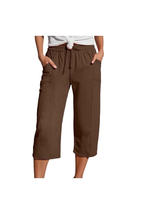 Womens High Waist Capri Pants Trendy Wide Leg Drawstring Lounge Trousers Casual Soild Color Yoga Pant with Pockets(Coffee,L)