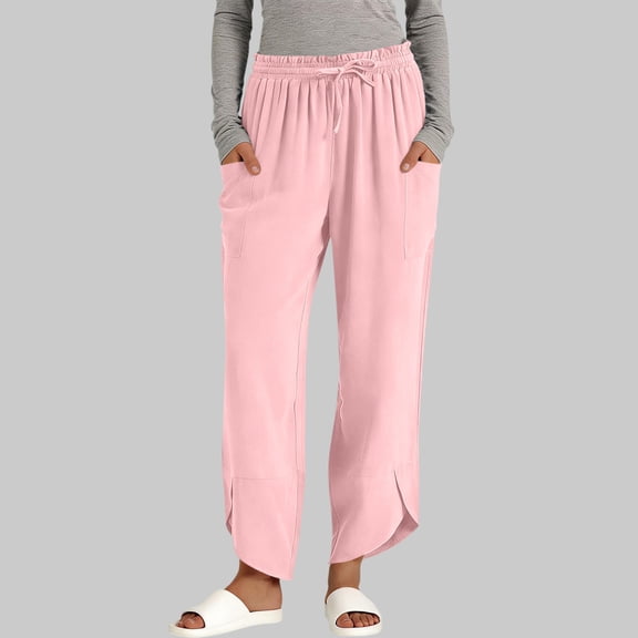 Womens High Waist Capris Summer Vacation Baggy Pants with Pockets Lightweight Casual Cropped Trousers Pinky S