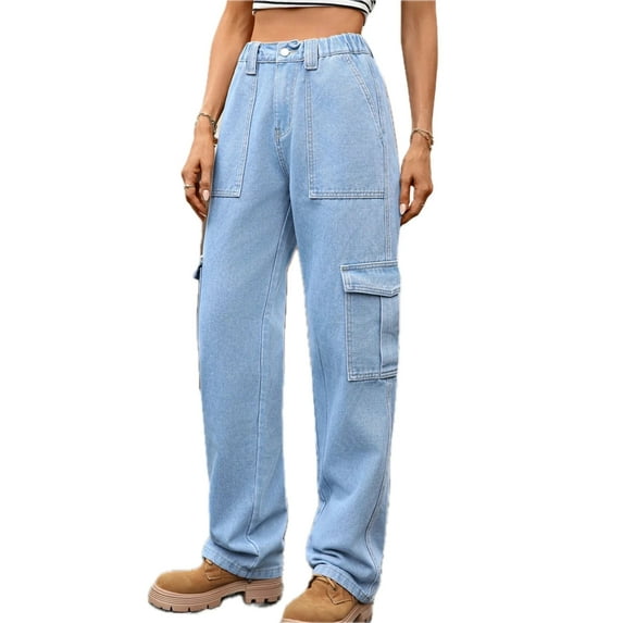 Womens High Waist Cargo Jeans with Pockets Rigid Fit Casual Everyday Fashion Durable Versatile Wear Sturdy Stitching