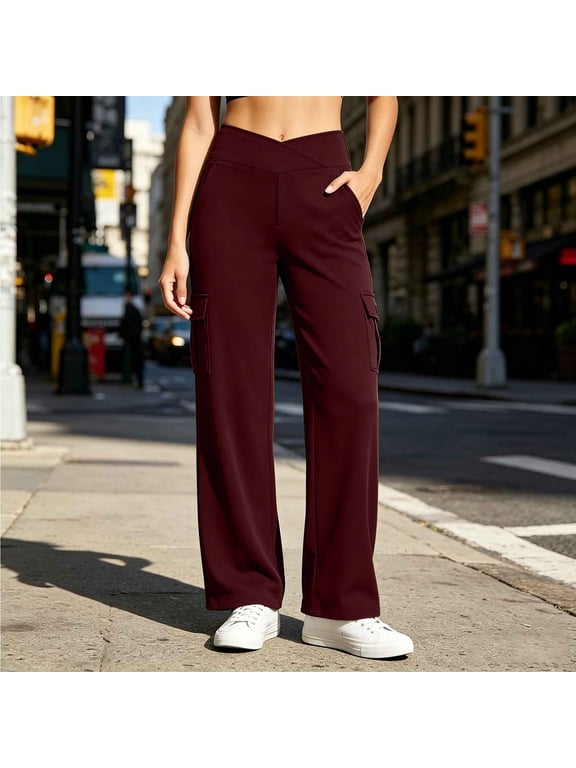Womens High Waist Cargo Yoga Leggings Wide Leg Stretchy Work Pants with Pockets for Workout Casual Wine M