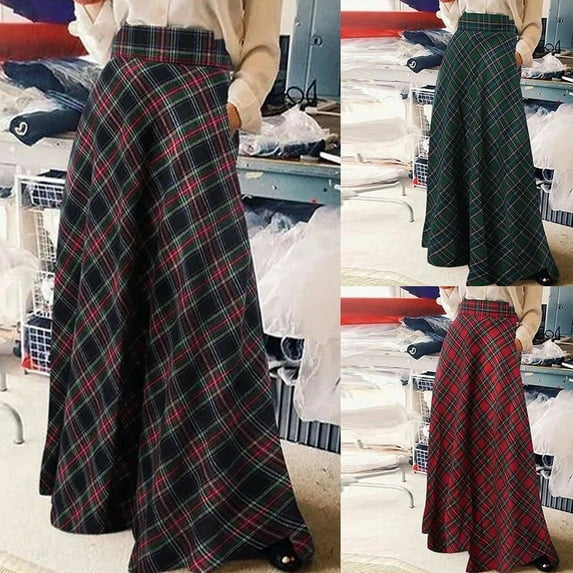 Womens High Waist Casual Loose Plaid Maxi Basic Simple Skirt Red S YIWEI