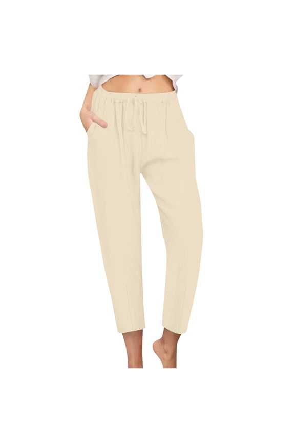 Womens High Waist Cotton Linen Pants Straight Leg Casual Loose Summer Beach Sweatpants Lightweight Drawstring Comfy Lounge Pants