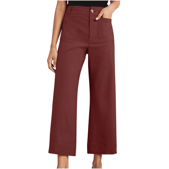 Womens High Waist Cropped Pants with Pockets Dressy Straight Wide Leg Pants Solid Casual Business Work Pants Baggy Pull On Pants