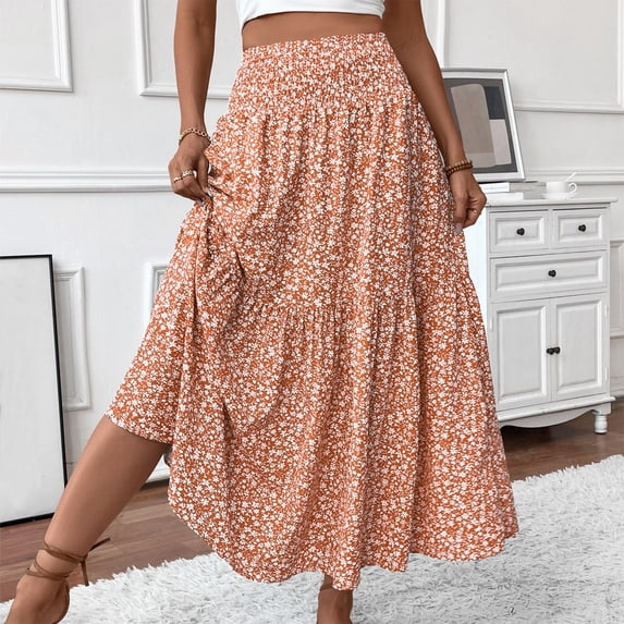 Womens High Waist Ditsy Floral Midi Skirt Multi Layer Tiered Ruffle Flowy Lightweight Beach Vacation Skirt