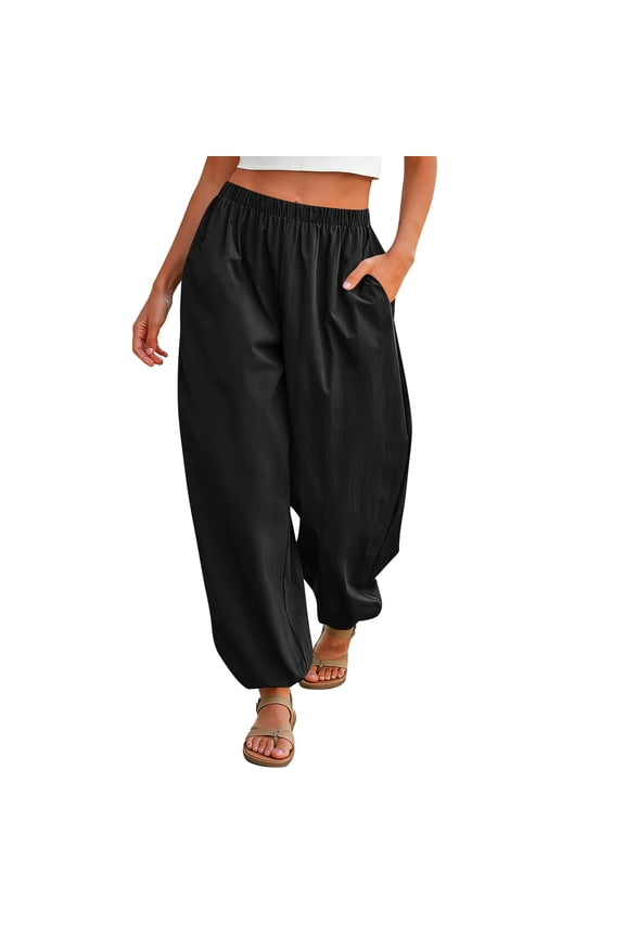 Womens High Waist Drawstring Harem Pants Loose Fit Casual Quick Dry Cargo Trousers with Pockets for Daily Outdoor Travel Wear, Size S-2XL