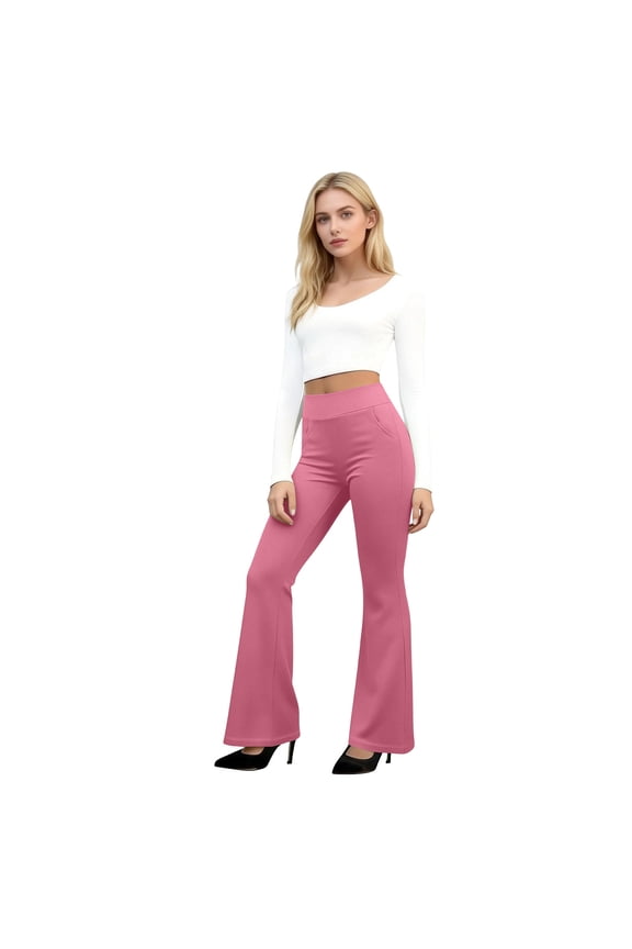 Womens High Waist Dress Pants Business Casual Work Pants Stretchy Bootcut Pull On Slacks Office Trousers with Pockets Pink L
