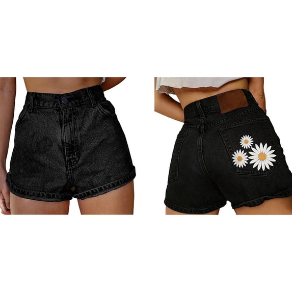 Womens High Waist Embroidered Denim Shorts Black Flower XXL