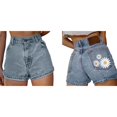thumbnail image 1 of Womens High Waist Embroidered Denim Shorts Light Blue A XL, 1 of 6
